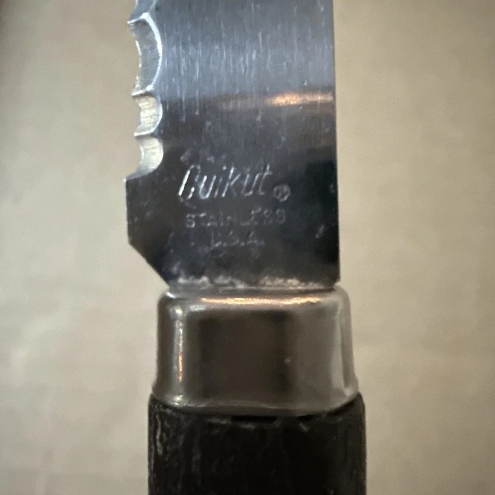 VTG Quikut Lot of 2 Stainless Serrated Steak Knives Dark Brown Faux Wood Handle